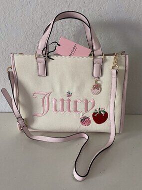 Juicy Couture Berry Sweet Tote Bag Natural Strawberry With Charm Crossbody NEW